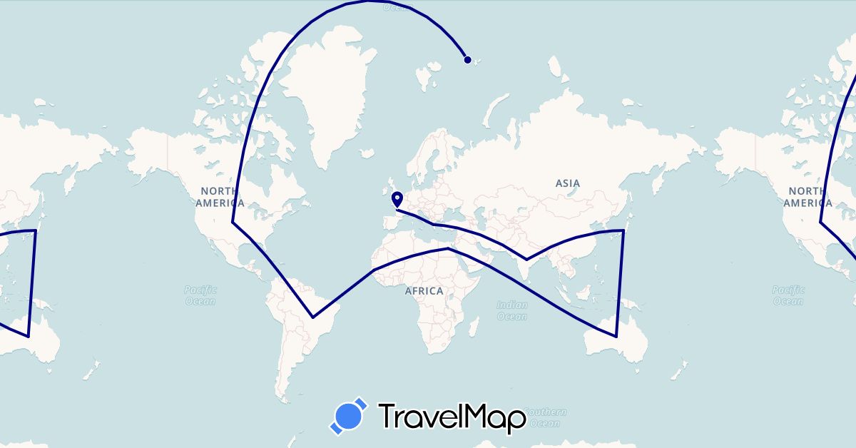 TravelMap itinerary: driving in Australia, Brazil, Egypt, France, Greece, India, Japan, Senegal, United States (Africa, Asia, Europe, North America, Oceania, South America)